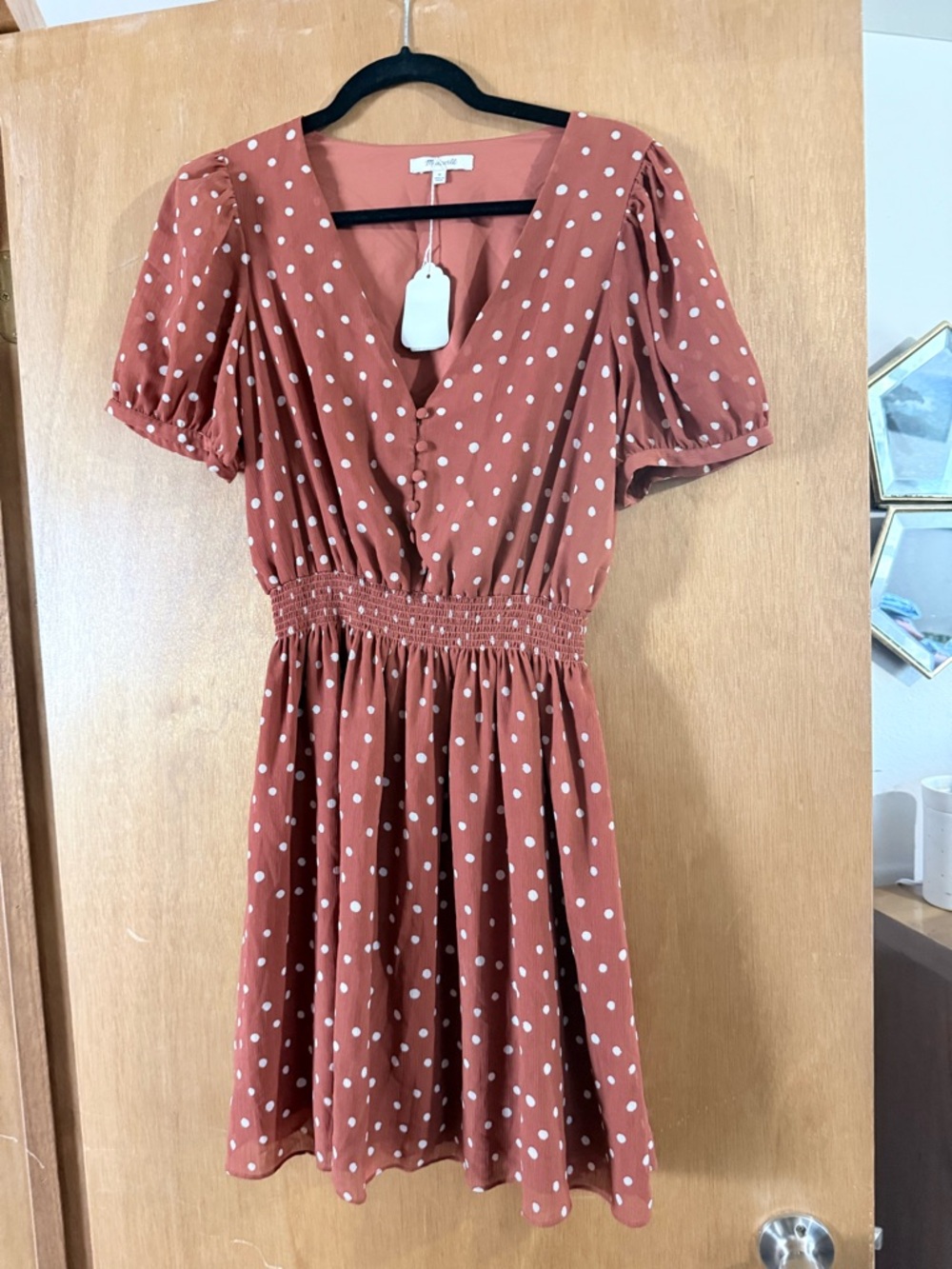 Madewell Rust Polka Dot Short Sleeve Smocked Waist Dress